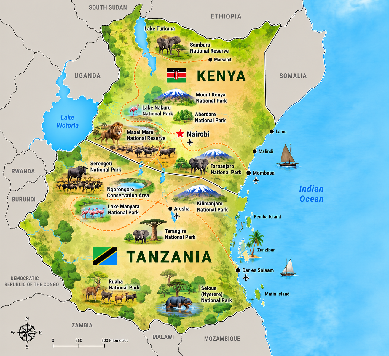 Tourism map of Tanzania and Kenya
